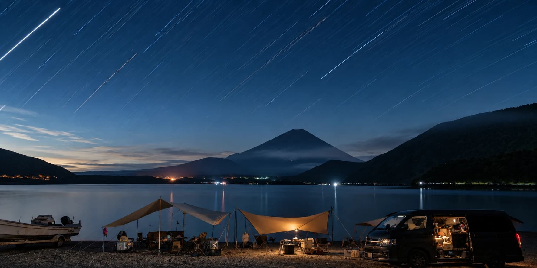 Blue hour night view of Lake Kawaguchi and Mount Fuji