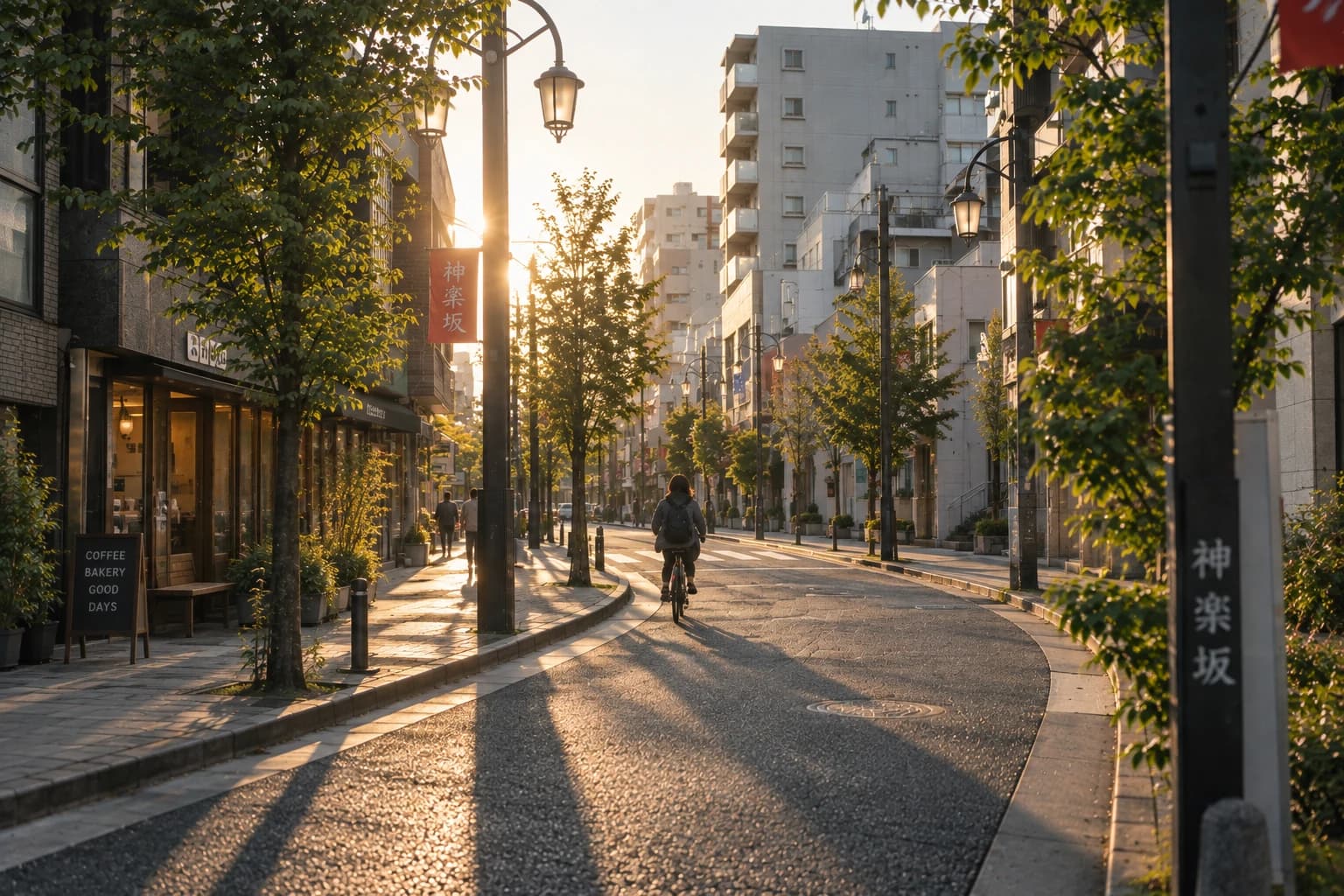 夕暮れの光が差し込む並木道