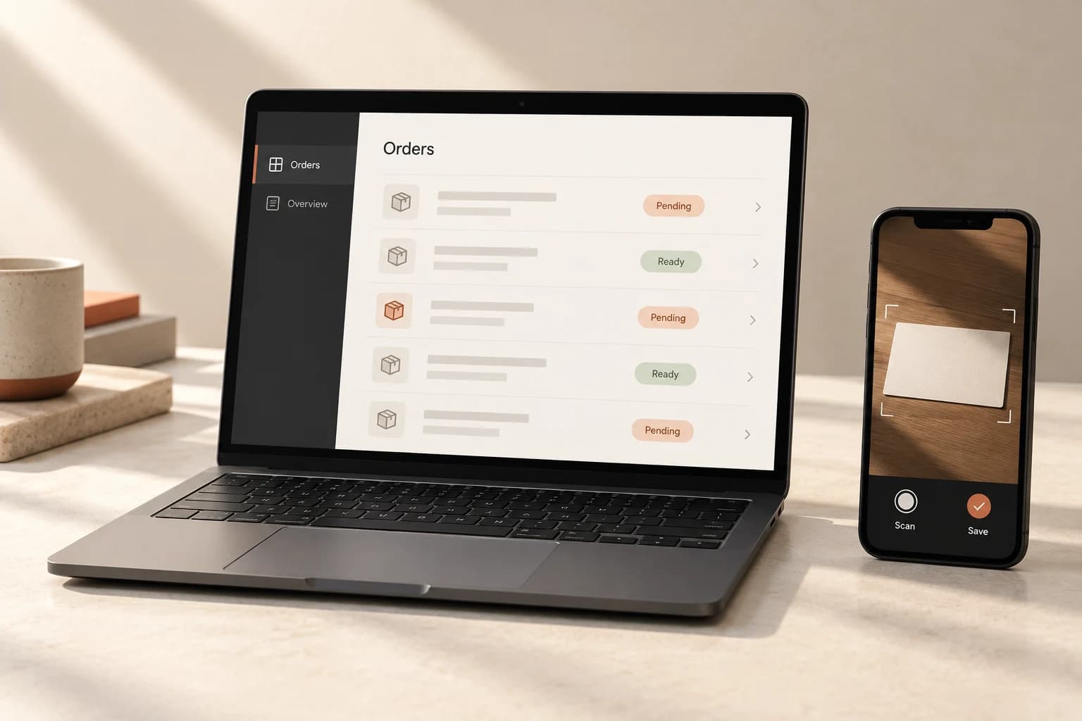 Conceptual laptop and phone render representing logistics software and business-card capture