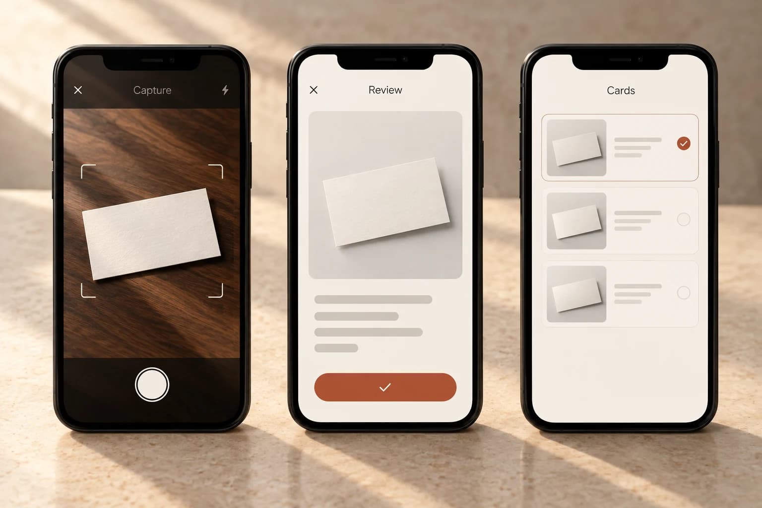 Three conceptual phone screens showing business-card capture, image review and a card list