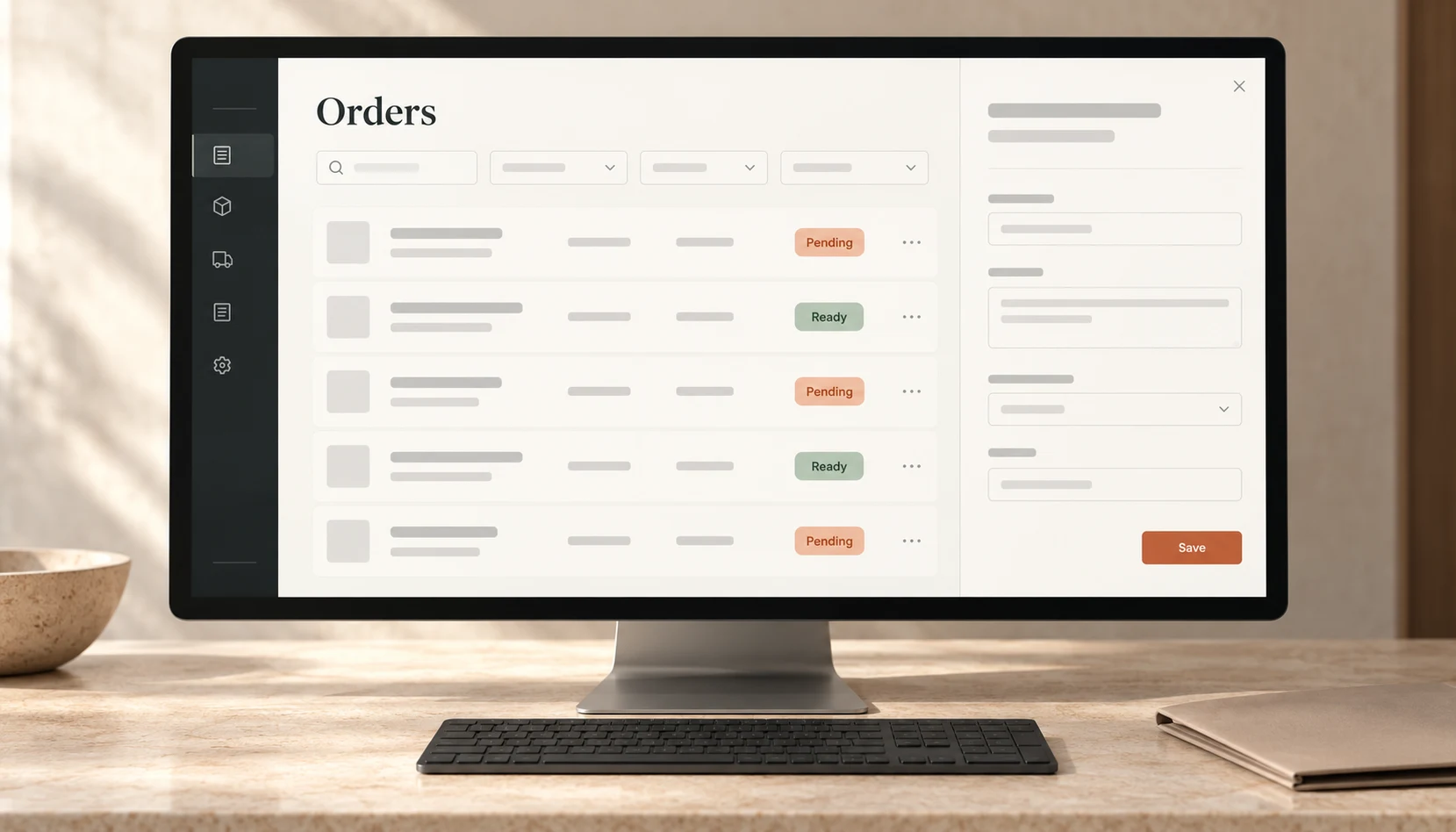 Conceptual desktop render of an order list and editing panel
